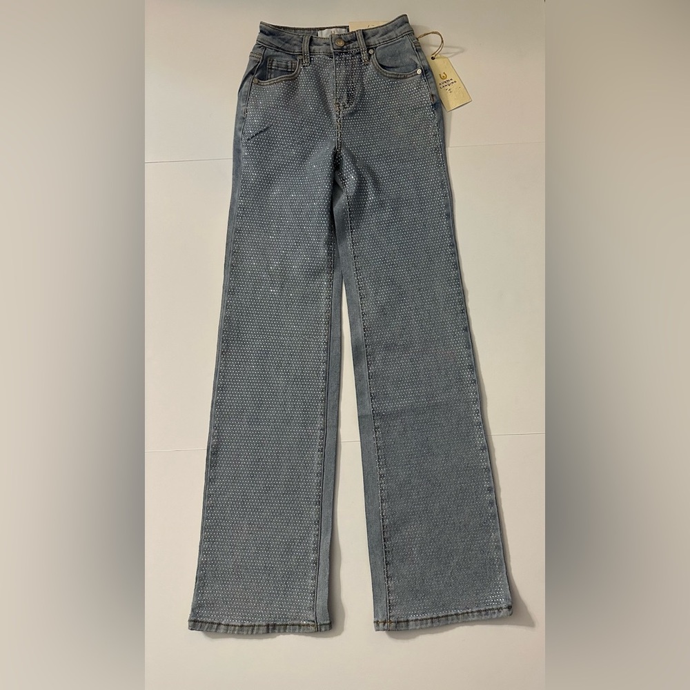 Austin Landing Women's Crystal-Embellished Front Wide Leg Blue Jeans size 0